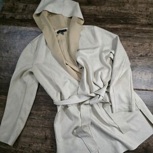 JOAN VASS Faux Suede Hooded Wrap Jacket Womens Medium Bone NEW Belted Coat